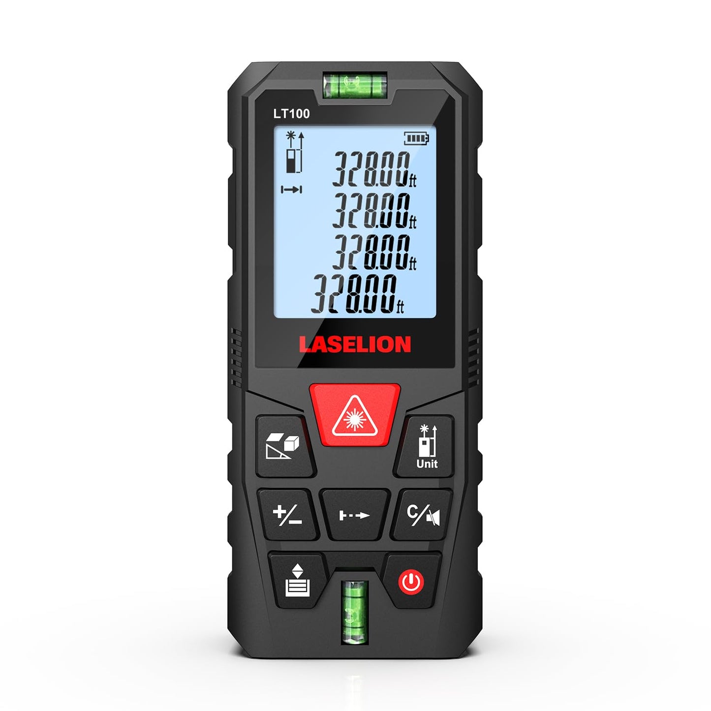 LT100 Laser Measure, 328ft/100m Laser Measurement Tool, with 2 Bubble Levels, Measuring Tool 4 Units Conversion、LCD Backlit Display, IP54 Waterproof, Pythagorean Mode for Distance, Area, Volume