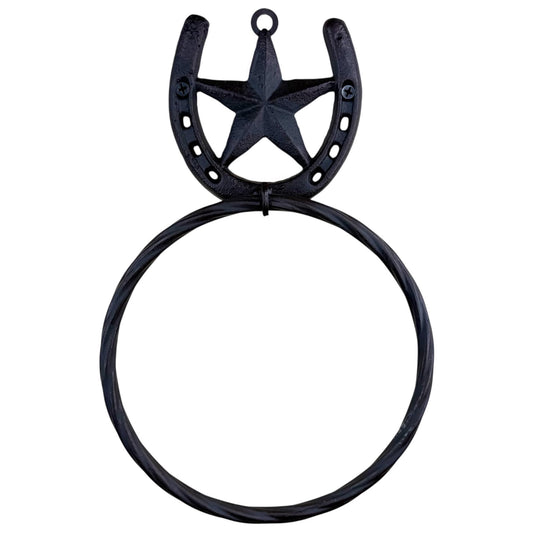 Rustic Western Horseshoe Towel Ring with Barn Star – Heavy Duty Cast & Wrought Iron Wall-Mounted Hand Towel Holder – 11” x 7” – Rustic Brown Finish