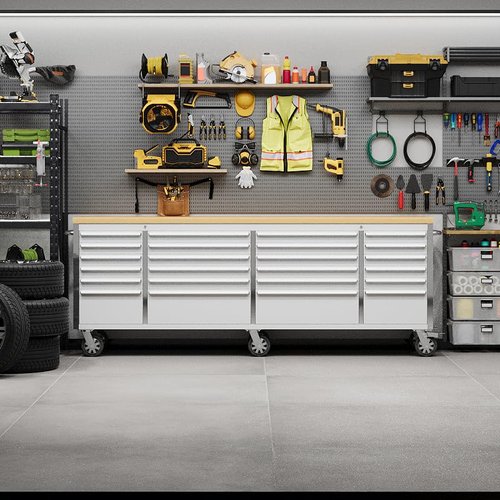 IDEALHOUSE 96 inch Rolling Tool Chest, Garage Workbench with 24 Drawers, Solid Rubber Wood Top & with Wheels Lock Key Locking, Mobile Workstation Tool Cabinet for Workshop Storage