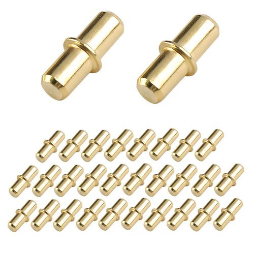 30PCS 1/5 Inch 5mm Shelf Pins Cylindrical Shape Bracket Pin Gold Metal Nickel Plated Shelf Holder Bracket Pegs for Shelve Cabinet Bookshelve