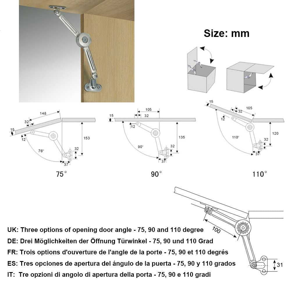 2 Packs [Upgraded] Qrity Cabinet Cupborad Furniture Door Lift Stay Support Hinge Damper - Support Up to 20KG - Opening Angle 75°/90°/110° - Come with Hex Key