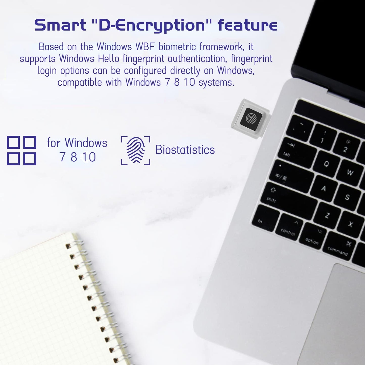 USB C Fingerprint Reader, 360° Detection Mini Fingerprint Scanner 0.5s Touch Speedy Matching Portable Biometric Scanner USB Security Key for Password and File Encryption