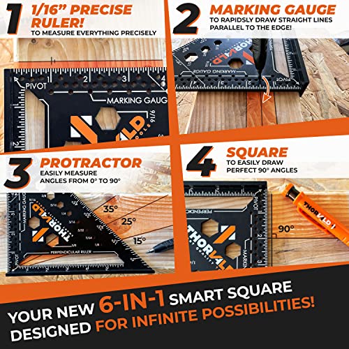 THORVALD 6-in-1 Carpenter Square with Pencil - 7 Inch Precision Multi-Tool for Woodworking