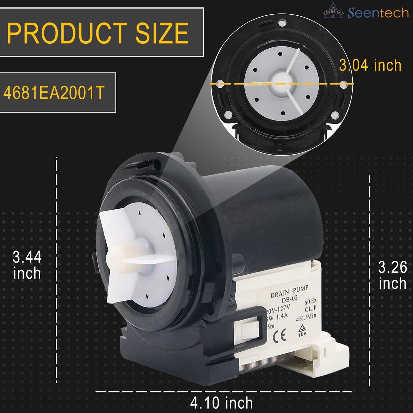 4681EA2001T Washer Drain Pump Motor Exact Fit for Kenmore & LG washer drain pump by Seentech - Replaces Part Numbers AP5328388, 2003273, 4681EA2001D, 4681EA2001N, 4681EA1007G and More