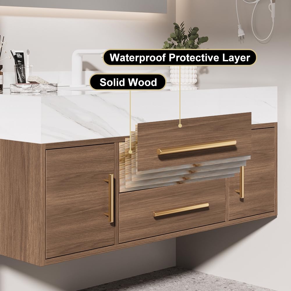 Weibath Floating Bathroom Vanity with Sink, 39.5 Inch Modern Bathroom Vanity Cabinet with Sintered Stone Top, Ceramic Undermount Sink, 2 Drawers, Walnut (Wall Mounted, Gold Handle)