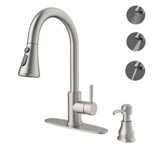 VXV Kitchen Faucet with Soap Dispenser, 3 Modes Kitchen Faucet with Pull Down Sprayer, Stainless Steel Sink Faucet for Farmhouse, Bar, and RV, with Deck Plate and 1/2'' Adapters
