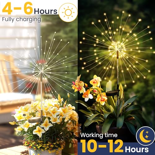 GIGALUMI 2 Pack Solar Firework String Lights Outdoor Garden Decor Warm White