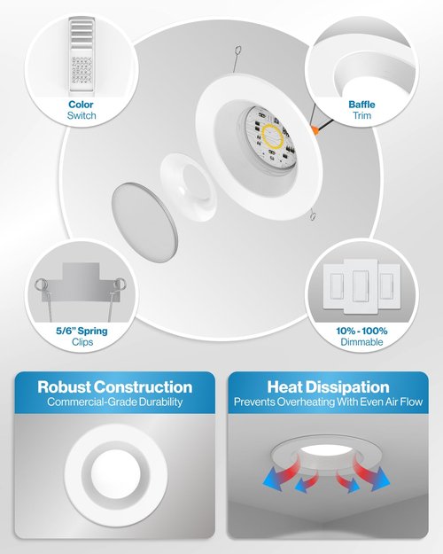 Sunco 12 Pack Recessed Lighting 6 Inch, Retrofit Can Lights, 965LM, 13W (75W Equivalent), Selectable CCT 2700K/3000K/3500K/4000K/5000K, Dimmable, Baffle Trim, Damp Rated UL.