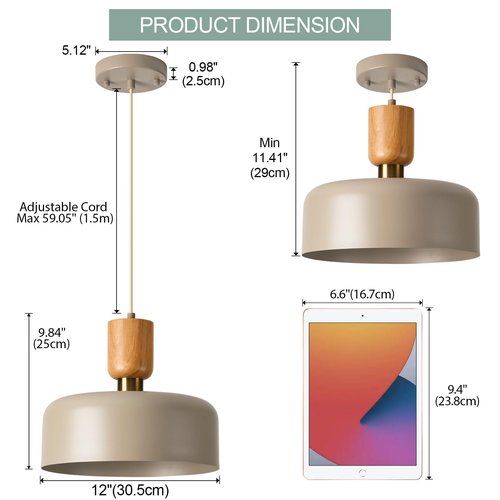 TeHenoo Contemporary Pendant Lights with Wood Cap, Brass Accent, 12 inch Light Brown Metal Shade,for Kitchen, Dining Room, Cafe