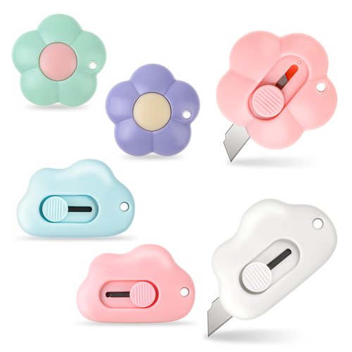 6Pcs Min Cloud Flower Box Cutte, Package Cutter with Key Chain Hole Art Utility Knives Portable Letter Envelope Opener for Home and Office (3 Clouds,3 Flowers)