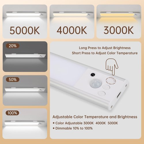 Under Cabinet Lighting 11.8in,Wireless LED Motion Sensor Light Indoor,50 LED Rechargeable Battery Operated,3 Color Temps,50-150LM Dimmable USB Closet Lights,2200mAh,Non-magnetic attraction （2 Pack）