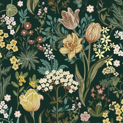Floral Peel and Stick Wallpaper Vintage Floral Contact Paper for Cabinets Drawers Liner Boho Contact Paper Dark Green Leaf Flower Removable Self Adhesive Wallpaper for Bedroom 17.3inW78.7inL