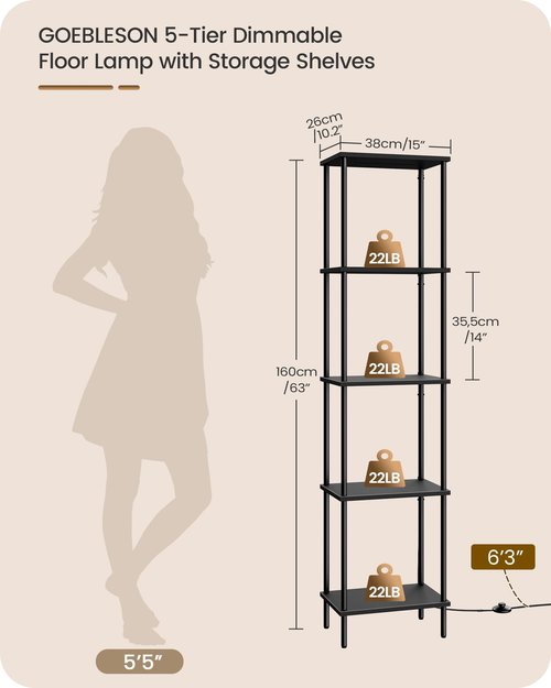 Display Shelf with Light, 5-Tier Shelf Lamp, Corner Floor Lamp with Shelves, Dimmable LED Floor Lamp for Living Room with Remote and Foot Control, 3CCT, Timer, Standing Lamp, Corner Bookshelf