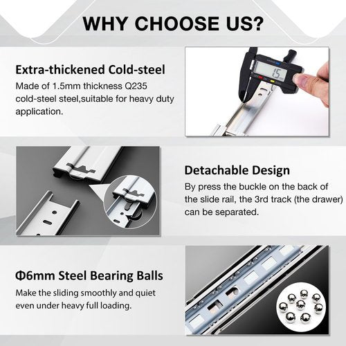 REGUDA Heavy Duty Locking Drawer Slides Full Extension Runners with Lock 12 14 16 18 20 22 24 26 28 30 32 34 36 38 40 Inch Side Mount Ball Bearing Rails Track Glides 150 Lbs (Without Lock, 12 inch)