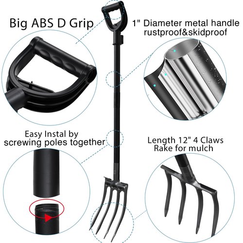 Oliynedy Pitch Fork for Hay, Metal Broadfork Garden Tools for Gardening Long Handle 45inch, Hay Manure Mulch Fork with 4 Gardening Claws for Compost, Horses, Shoveling and Sifting