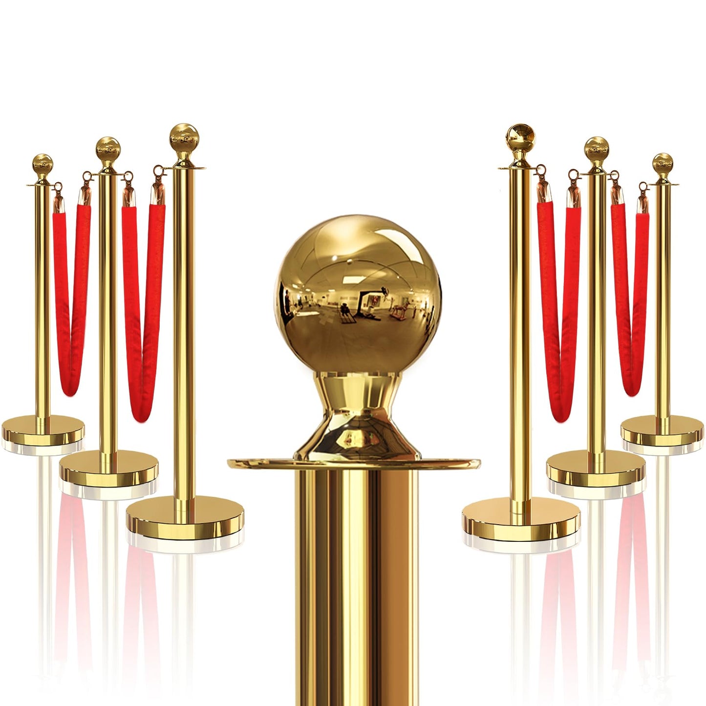 JLXMAXLJ 6PCS Gold Stanchions Posts with 4PCS 5 ft Red Velvet Rope, Red Velvet Rope Stanchion Set Crowd Control Barriers, Stanchions and Velvet Ropes Red Carpet Poles for Party Supplies