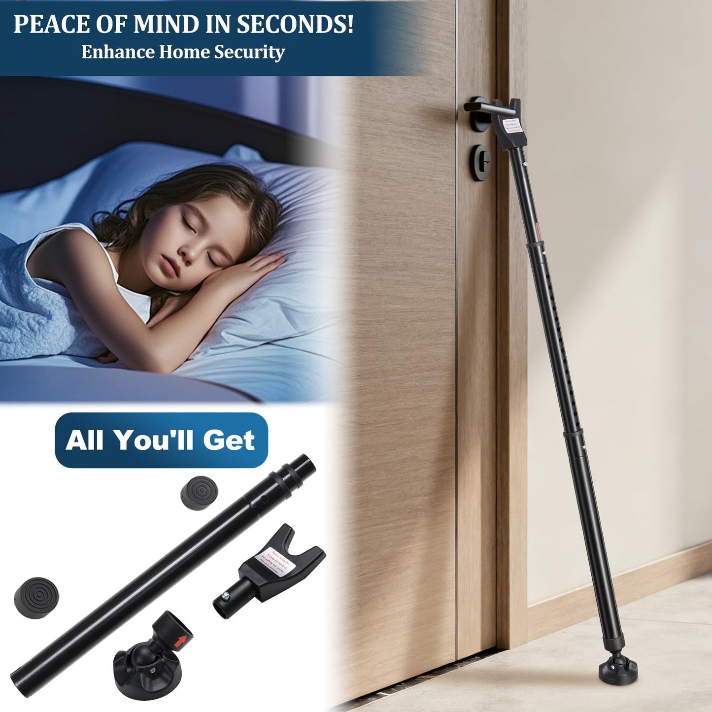 3-in-1 Door Security Bar, Heavy-Duty Metal Rod Sliding Patio Door Security Bar with 2.8" Non-Slip Base, 16"-41.7" Adjustable Door Barricade Security Bars for Doors & Windows,Home,Renters,Apartments