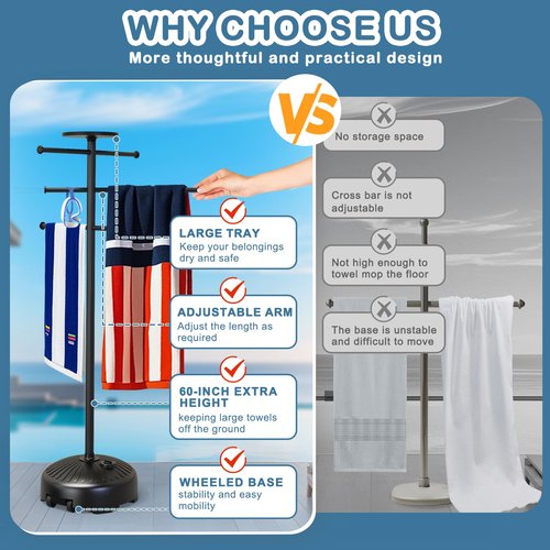 SkylarkJoy 63 Inch Pool Towel Rack with Wheels for Indoor Outdoor Use, Towel Holder with Storage Tray, 6 Adjustable Bars Hot Tub Accessories, Free Standing Towel Rack for Pool, Spa, Hot Tub