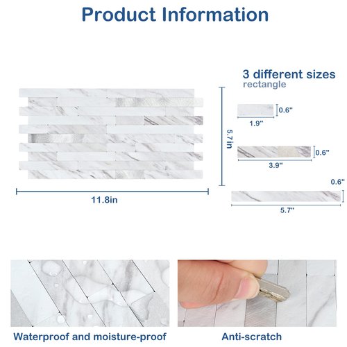 Midcard 20 Sheet Peel and Stick Backsplash, White Marble PVC Wall Tile for Kitchen Backsplash