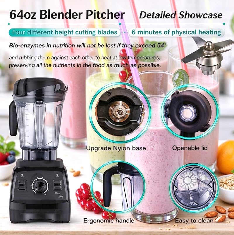 64 Oz Low-Profile Blender Pitcher with Wide Compatibility for Vitamix - Glass/Plastic Jar, 10-Year Warranty