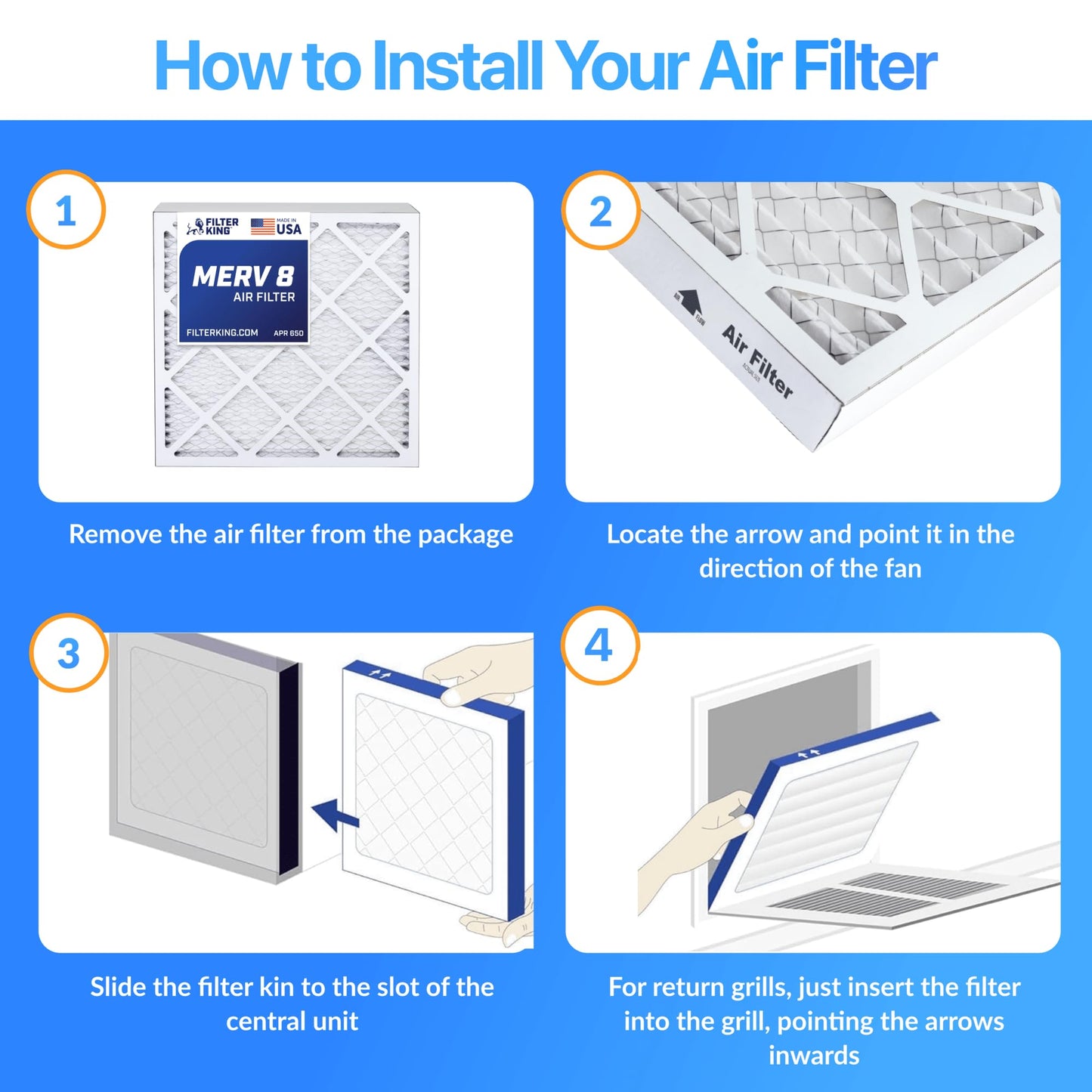 Filter King 18.25x22x2 Air Filter (MERV 8) (6-Pack) Dust & Allergy Control AC Furnace Filters, MADE IN USA, HVAC, Pleated, Electrostatic (Actual Size: 18.25 x 22 x 1.75)