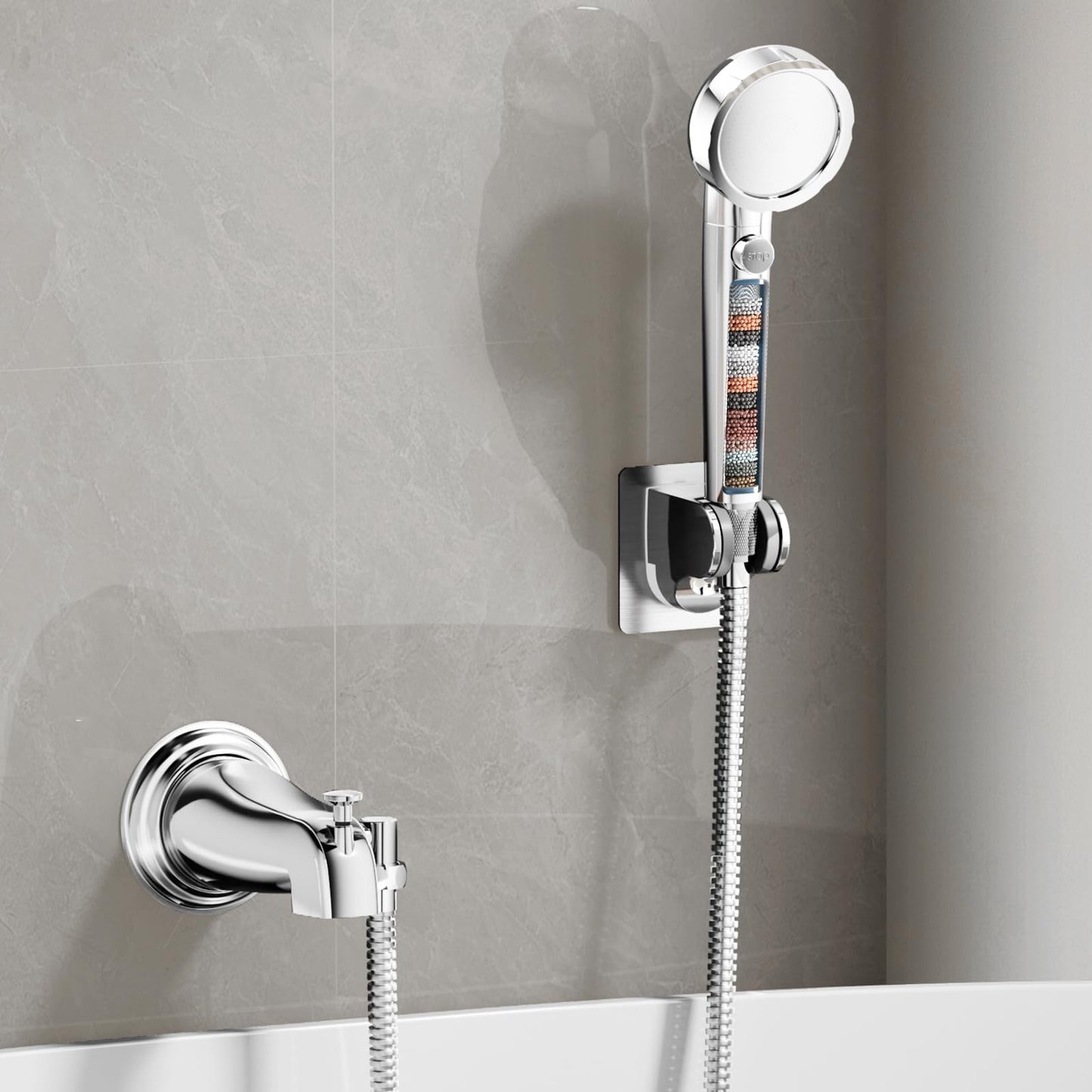 HEROBAI All Metal Bathtub Faucet Sprayer Attachment, Tub Spout with Diverter and Filtered Shower Head, Bathtub Hose Attachment for Tub Faucet, 3 Settings Hand Held Shower with On/Off Switch (Chrome)