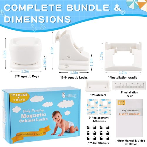 12 Pack Magnetic Cabinet Locks Baby Proofing - Baitiny Child Proof Cupboard Drawers Latches - Adhesive Easy Installation