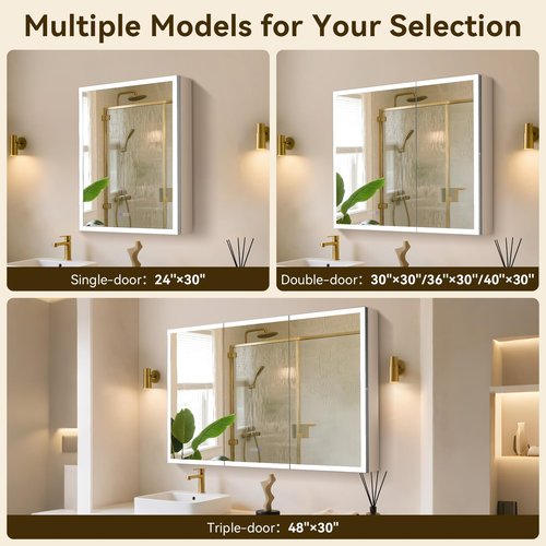 pidock Bathroom Medicine Cabinet Mirror 24"x30", Dimmable Aluminum LED Mirror Cabinet with Anti-Fog, Soft-Close Hinges, Adjustable Glass Shelves, Touch Sensor, High CRI Lighting,Single Door Right