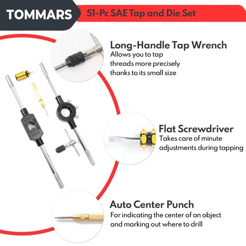 TOMMARS 51-Pc 1/4-20 to 1-14 Jumbo Tap and Die Set SAE Round Threading Dies for Threading and Rethreading Internal and External Threads