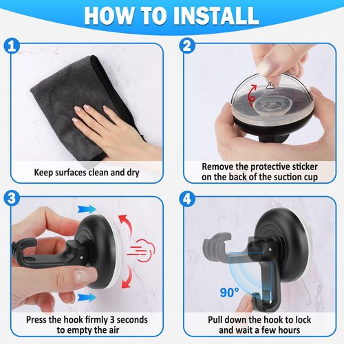 TACGEA Suction Cup Hooks for Shower, Powerful Vacuum Shower Hook for Towel, Robe, Loofah - Reuseable and Removeable Bathroom Hook, Black, 6 Pack