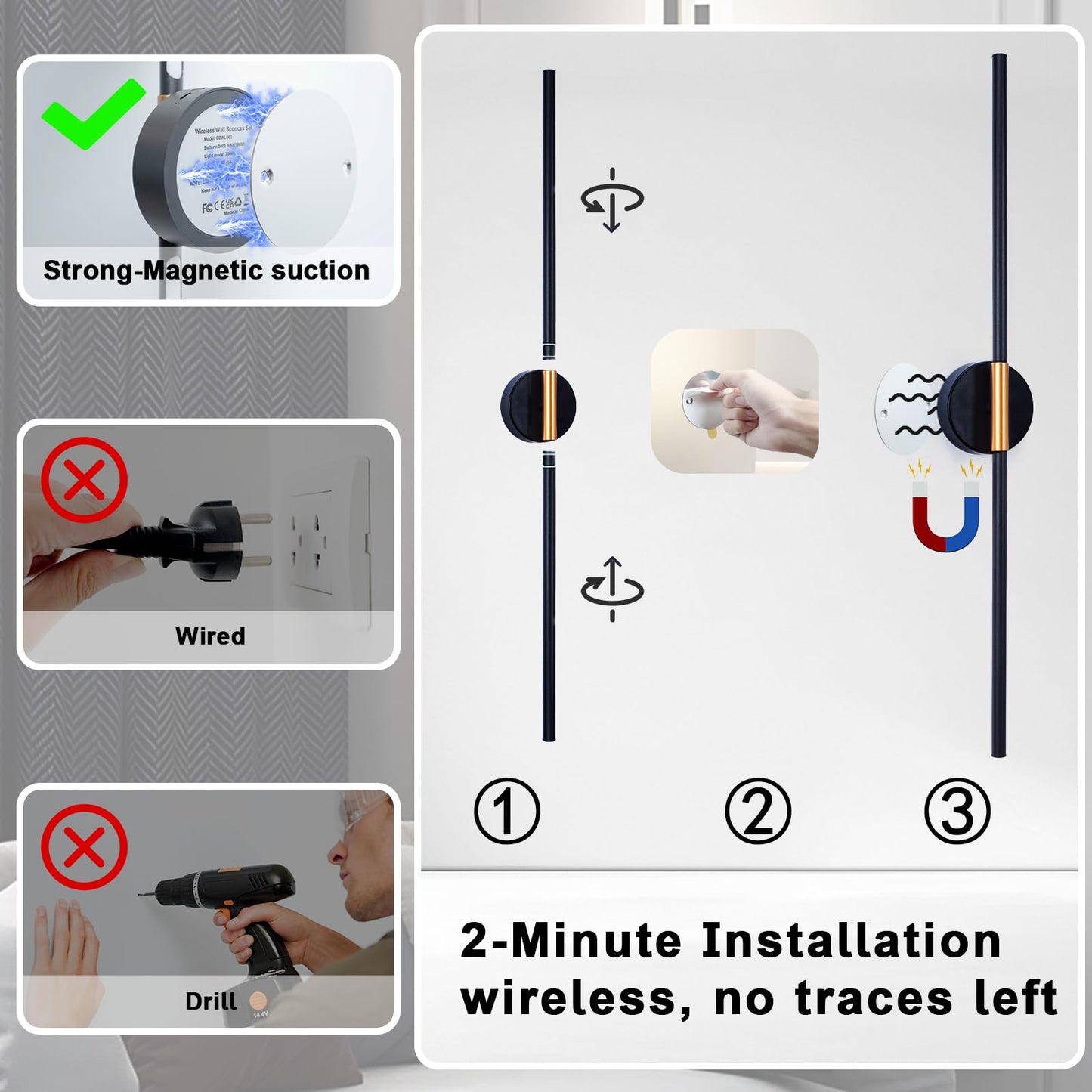 Wireless Wall Sconces Set of 2, Battery Operated Wall Sconce with Remote Dimmable 28.7 Inch 5000mAh Rechargeable 360°Rotate Bedroom Lights For Wall Lamps Decor for Living Room, Hallway-Warm White