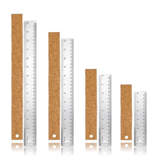 4PCS Cork Backed Ruler Stainless Steel Ruler 6/8/12/14 Inch Non-Slip Straight Edge Rulers with Inch and Centimeters Metal Rulers Cork Backed for Drawing Engineering