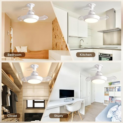 JOISTOON Socket Fan Light with Remote, Retractable Ceiling Fan Light with E27 Socket, Ultra-Quiet DC Motor, Dimmable LED for Small Spaces - Workshop, Garage, Bedroom (Flush Mount, No Visible Blades)
