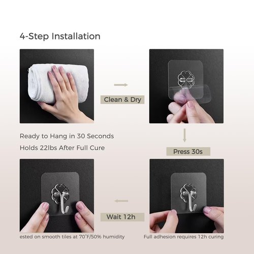Adhesive Wall Hooks for Hanging Heavy Duty 22 lbs Hooks-10 Pack, No Drill Wall Hooks for Bathroom & Kitchen, Removable & Rustproof for Bathroom, Kitchen, and Outdoor Use