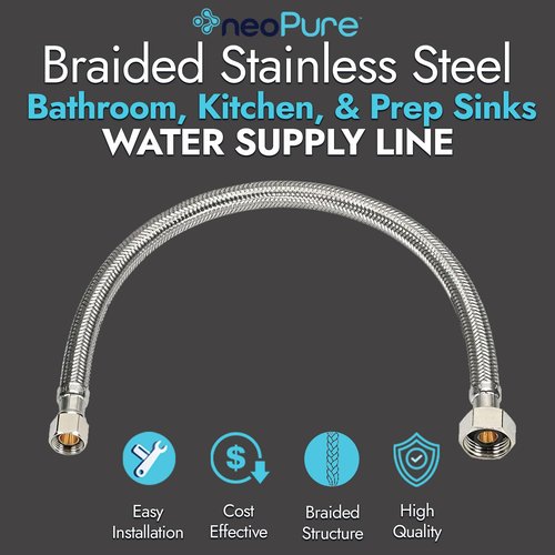Neo-Pure 30-Inch Braided Polymer Water Supply Line with 3/8-Inch Compression Inlet x 1/2-Inch Female Iron Pipe Outlet, Flexible Connector for Residential Use