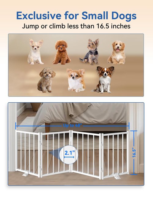BFNN Free Standing Foldable Dog Gate, 16.5" High Step-Over Metal Short Pet Gate, Up to 48" Wide Puppy Fence for Stairs and Doorways, Indoor & Outdoor Use, No Drilling and No Assembly, White