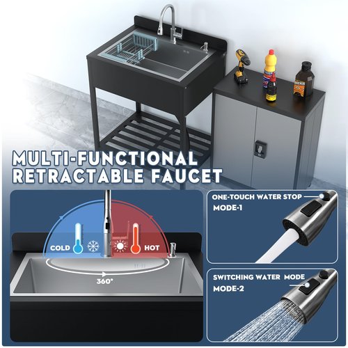 40'' Stainless Steel Utility Sink, Free Stand Commercial Kitchen Single Bowl Sink with Pull-Out Cold & Hot Faucet, Utility Sink for Laundry Room, Kitchen, Bathroom, Hoses & Drain Kit (Style A, Silver)