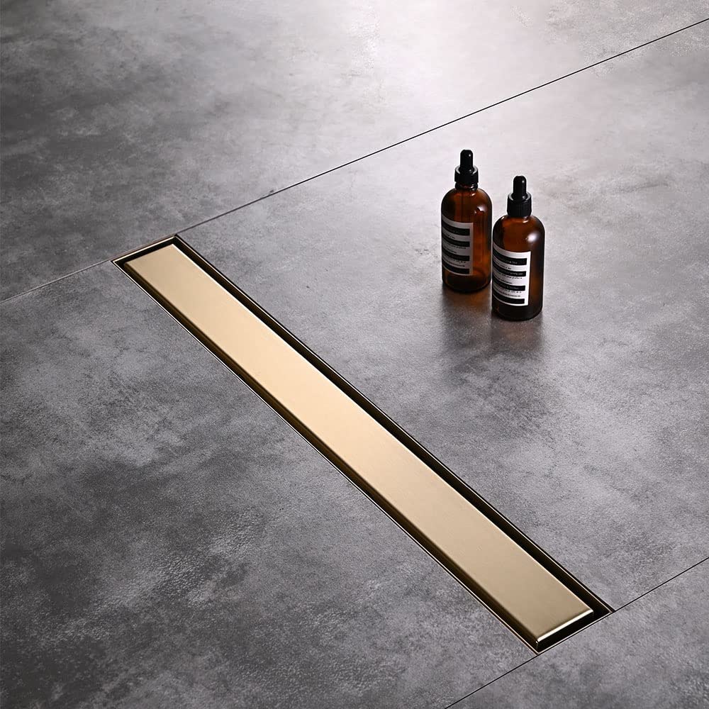 AVSIILE Linear Shower Floor Drain, Brushed Gold 24 Inch 304 Stainless Steel Bathroom Drains Kit, Rectangular Shower Trench Drain with Reversable Tile-in Pattern Drain Cover & Hair Catcher