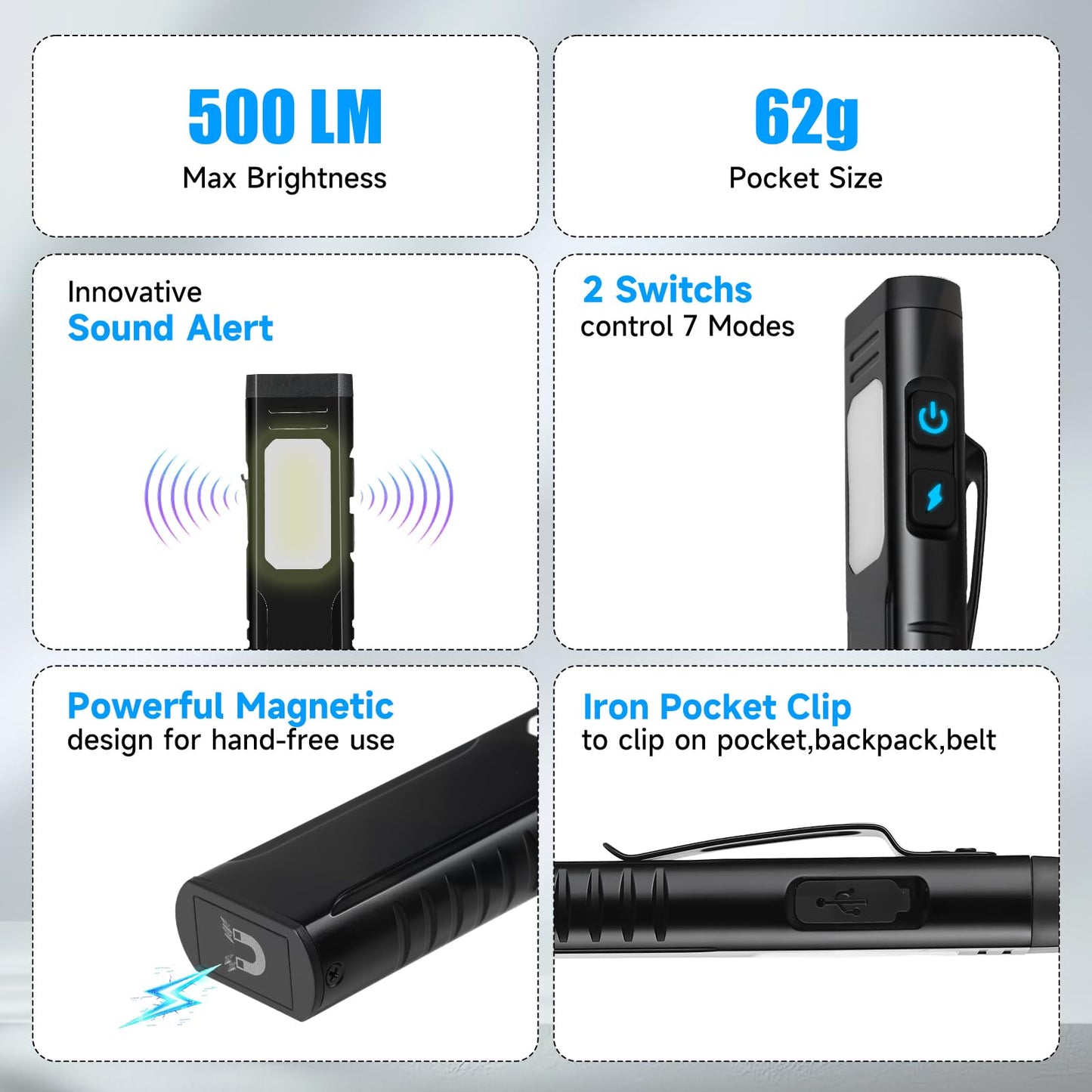 Annteneo Rechargeable EDC Flashlight, Small Flat Flash Light, Pocket Magnetic Flashlights, Sound Alarm, 7 Mode, CoB Side Light, Clip On Tactical Flashlight for Everyday Carry,Home,Camping,Emergency