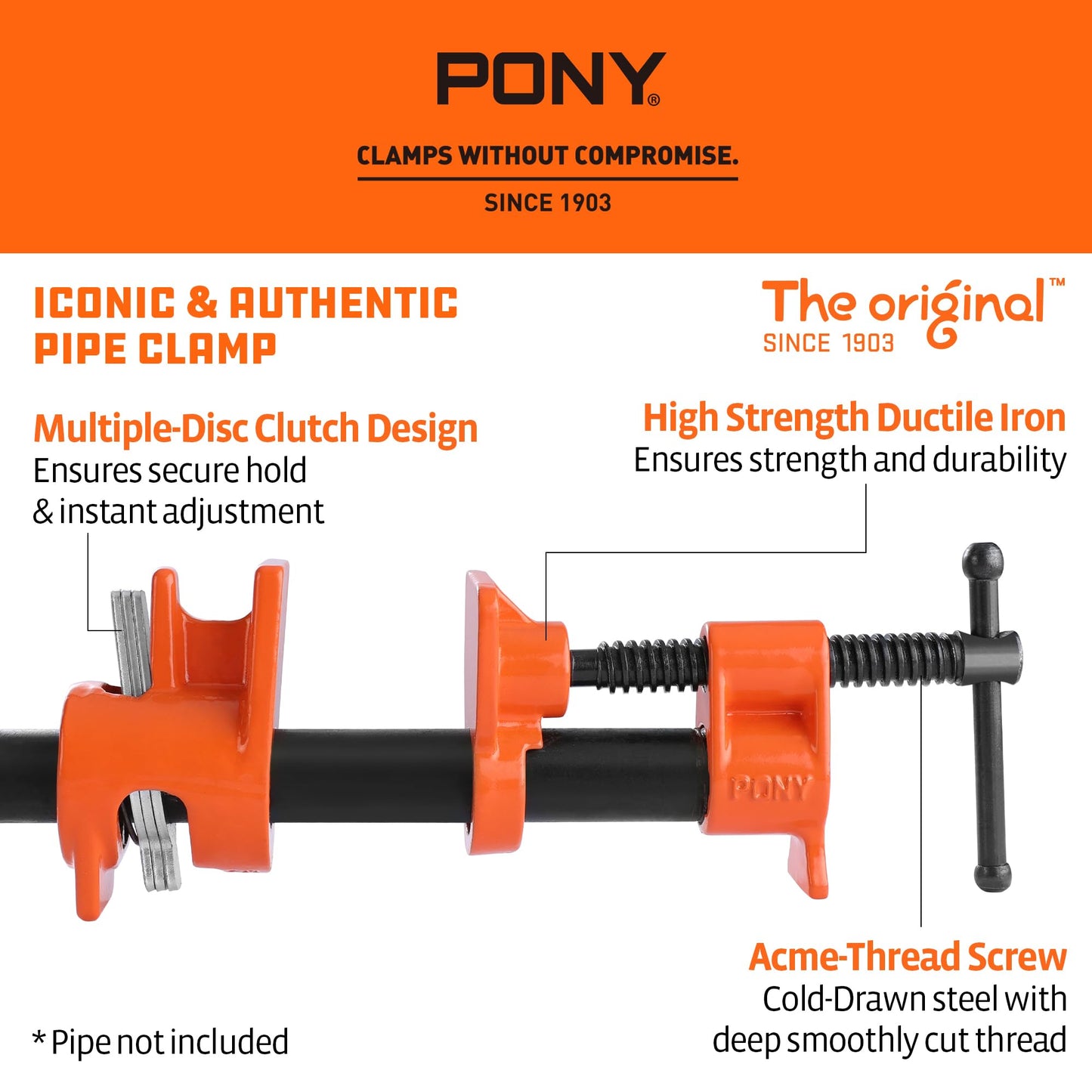 PONY ORIGINAL 2-Pack 52 Wood Gluing Pipe Clamp Fixture for 1/2 Inch Black Pipe