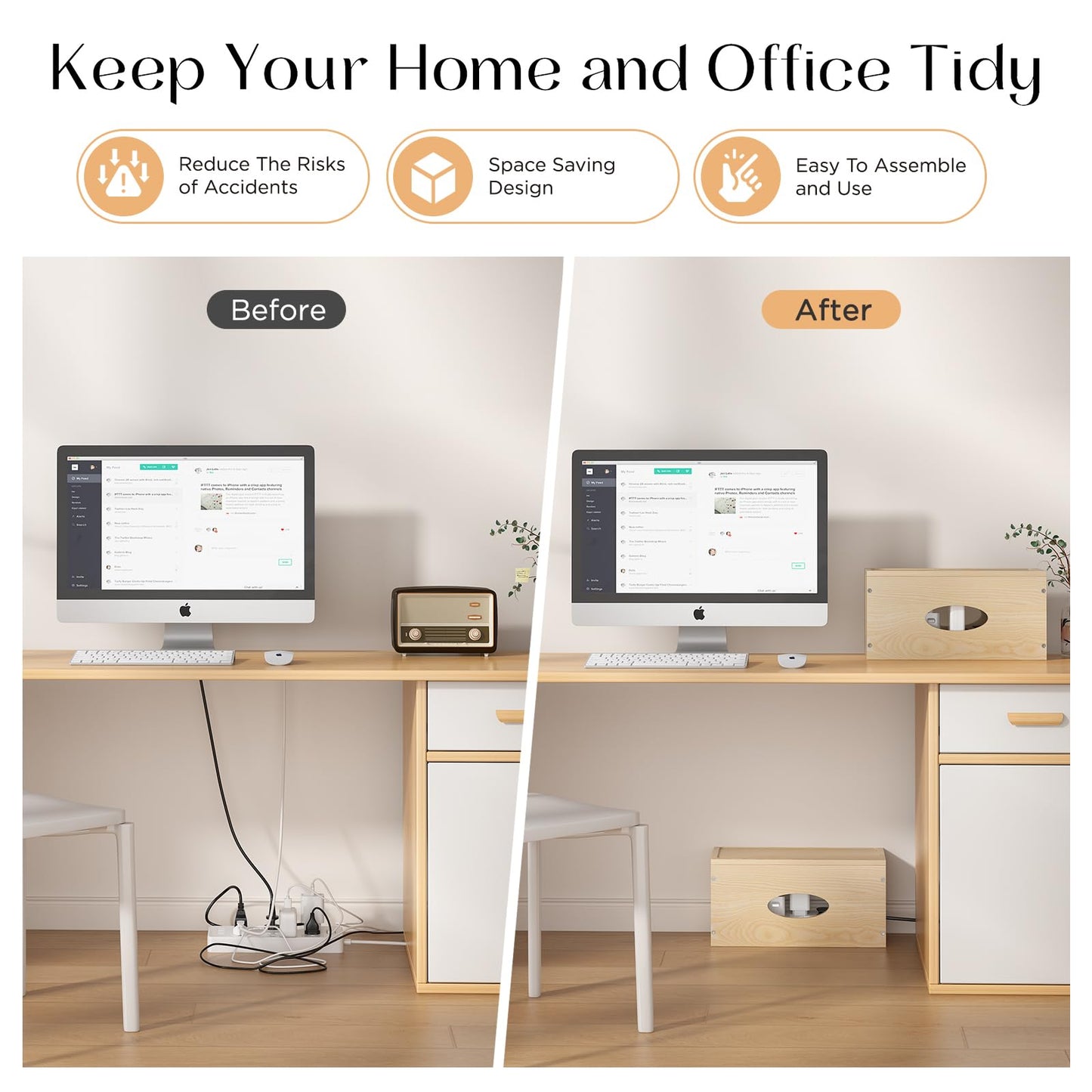 Pine Wooden Large Cable Management Box, Cord Organizer Cover Cord Hider Floor Outlet Hiders for TV Wires, Computer, Router, USB Hub Under Desk Power Strip Electrical Cord Management (1)