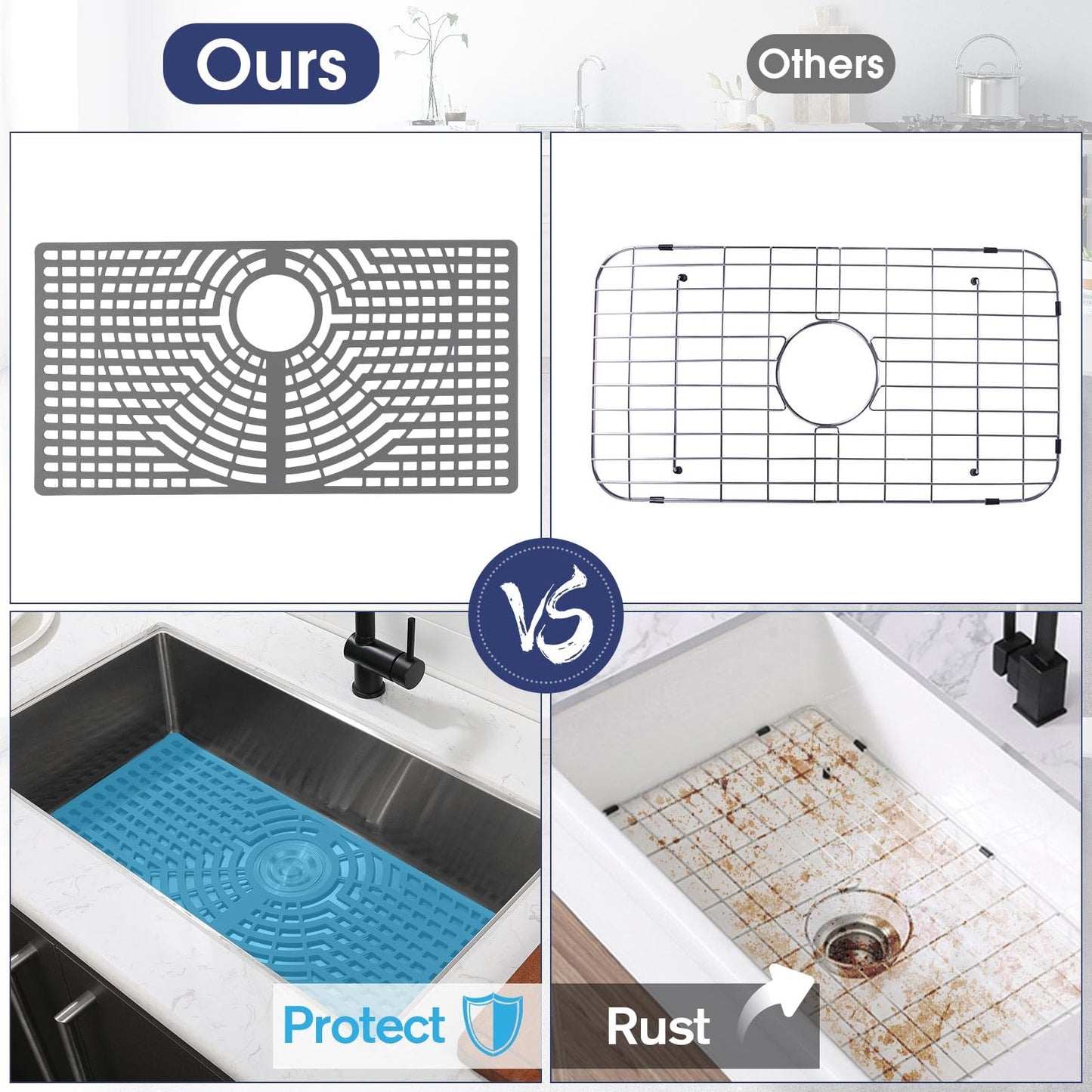 Snuggery Silicone Sink Protector 28"x15" Rear Drain Hole, Heat Resistant Non-slip Dishwasher Suitable, Large Mat for Bottom of Farmhouse Kitchen Stainless Steel Sink(Grey)