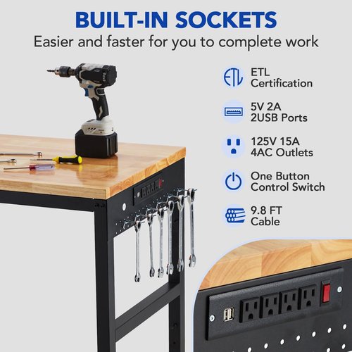 Adjustable Workbench 75' x 25', 2000 Lbs Load Capacity, 29.5"-38.4" Heights Garage Worktable with Universal Wheels & Power Outlet, Heavy-Duty Table for Workshop Office Home Commercial