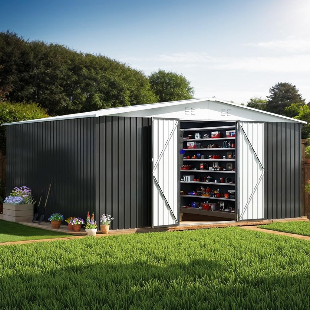 Dreamall 14x12 FT Outdoor Storage Shed, Metal Garden Tool Shed with Updated Frame Structure, Lockable Doors and Windows, Ideal for Backyard Garden Patio Lawn, Black