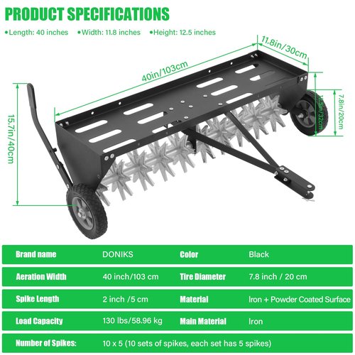 Doniks 40-Inch Tow Behind Plug Aerator with Transport Wheels, Lawn Aerator Tow Behind with Galvanised Steel Tines and Extra-Wide Tow Bar, Pull Behind Aerator for Gardens, Lawns, Farms