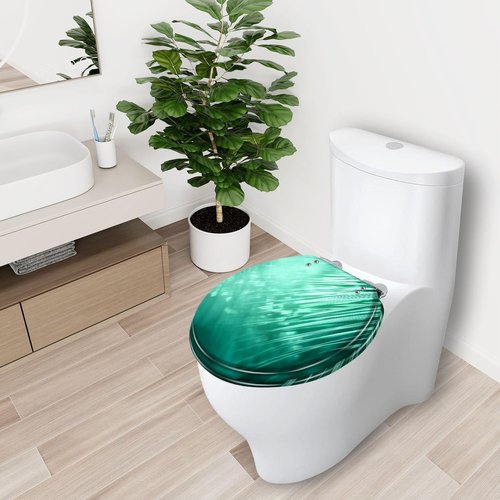 Round Toilet Seat teal Palm Tree Leaf Turquoise Pastel Light Blue Mint Green Ombre Quiet Close Strong Stainless Steel Hinges Resin Toilet Seat Easy to Install Easy to Clean