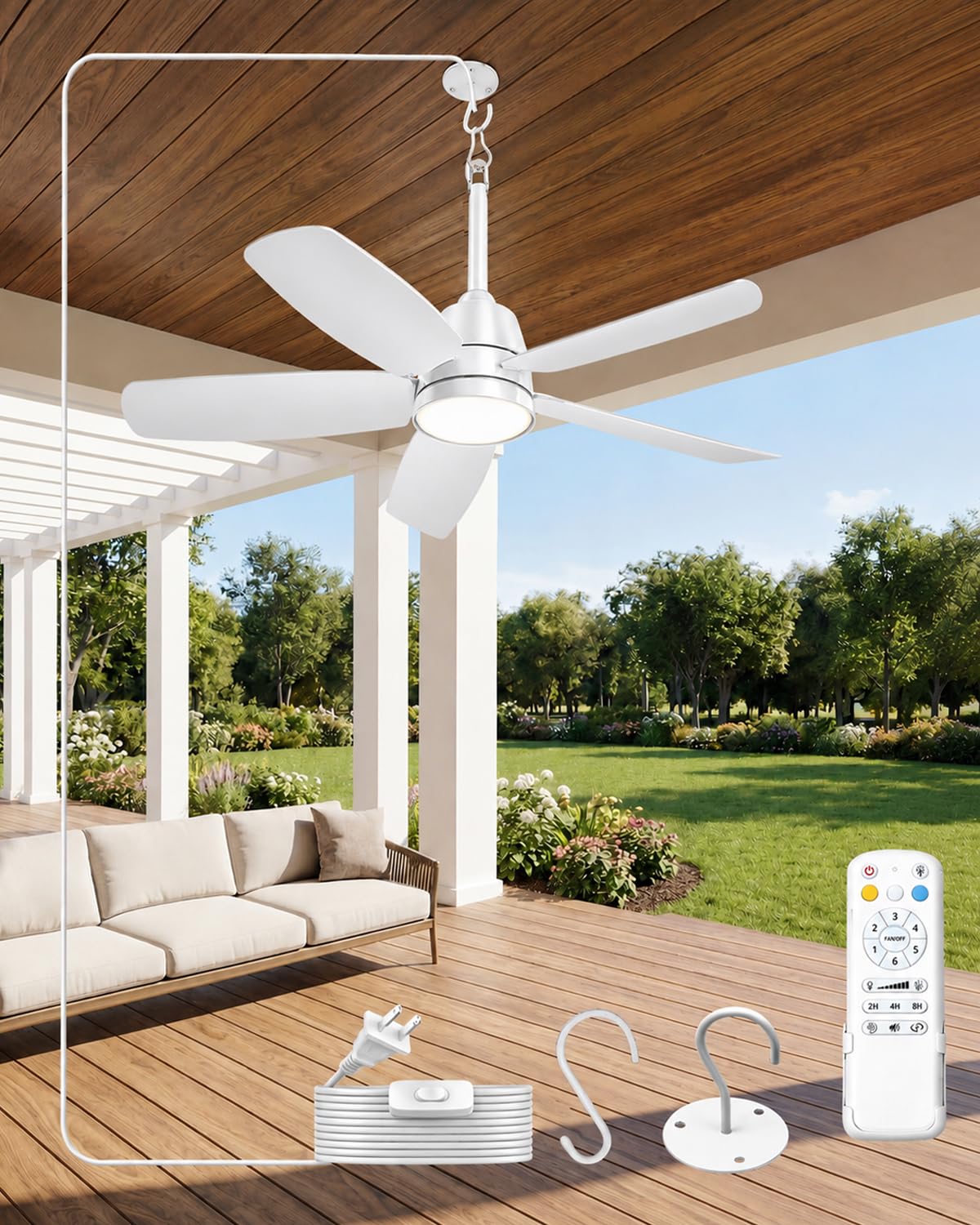 NWOP 28 Inch Plug-In Outdoor Ceiling Fan with Light and Remote, Waterproof Small Ceiling Fan for Patio Porch Balcony, 5 Blades Quiet Compact Ceiling Fan for Small Spaces, White