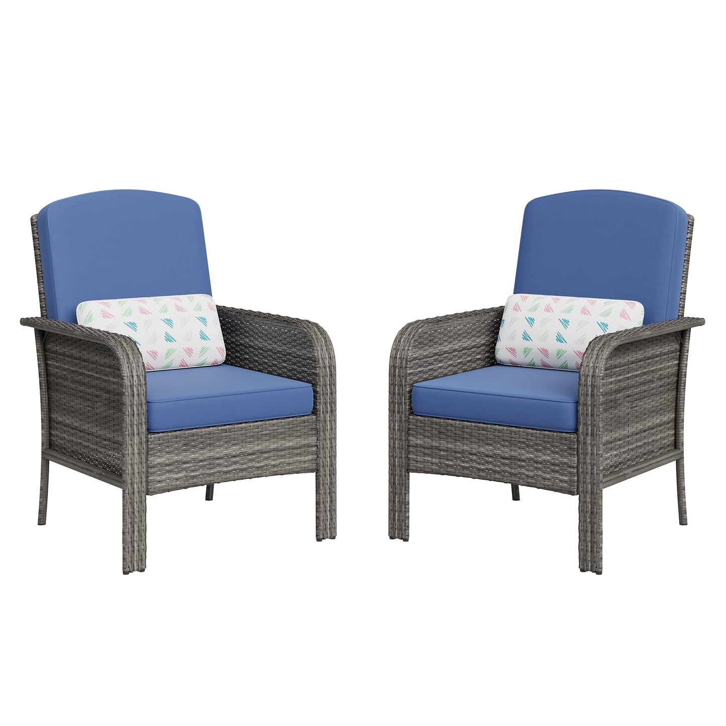 GarveeHome 2-Piece Outdoor Patio Furniture Set, All-Weather Rattan Chairs with Thick Cushions, High Back Wicker Lounge Chairs for Porch, Deck, Garden, Poolside & Backyard (Gray Rattan, Blue Cushion)