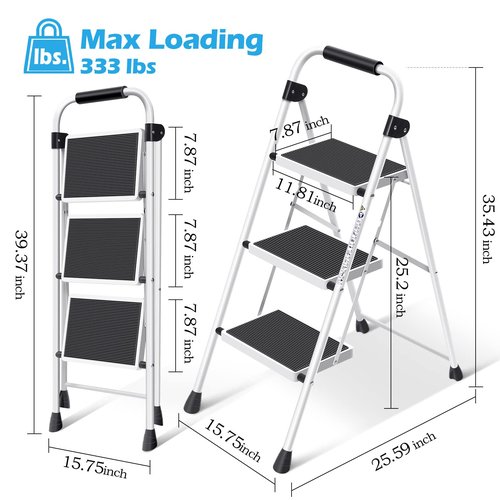 KINGRACK Step Ladder 3 Step Folding with with Anti-Slip and Wide Pedal,Portable Foldable,Tall Sturdy Step Ladder with Handgrip for Home Kitchen Household,White