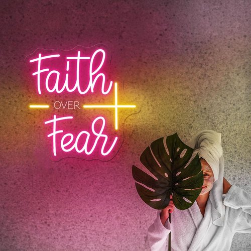 Faith Over Fear Neon Sign for Wall Decor Jesus Neon Light Christian LED Signs Dimmable Letters Neon Lights Signs for Bedroom Living Room Wedding Church Decor Neon Light for Christian Religious.